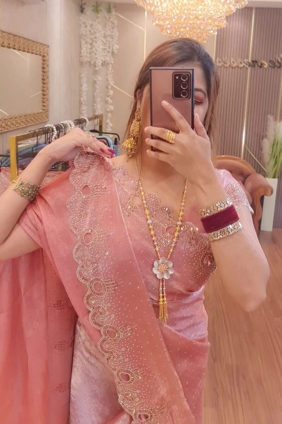 Premium Jimmy Choo Stone Work Party Saree (Pink)