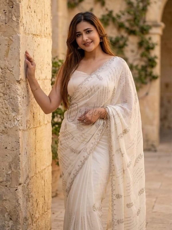 Premium Indian Stone Work Party Saree (Off White)