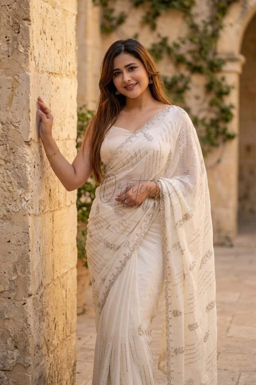Premium Indian Stone Work Party Saree (Off White)