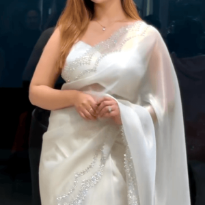 Premium Indian Stone Work Party Saree (White)