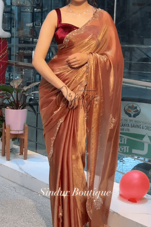 Premium Indian Stone Work Party Saree (Rose Gold)