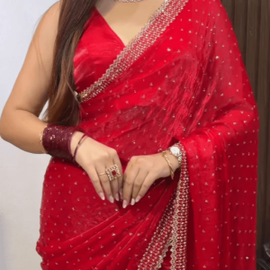 Premium Indian Stone Work Party Saree (Red)