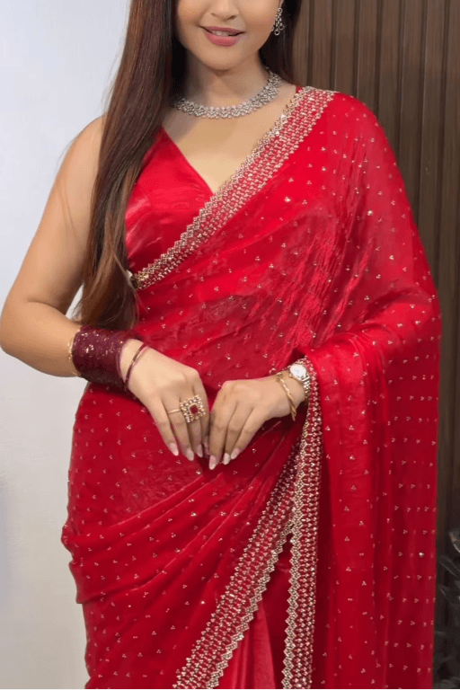 Premium Indian Stone Work Party Saree (Red)