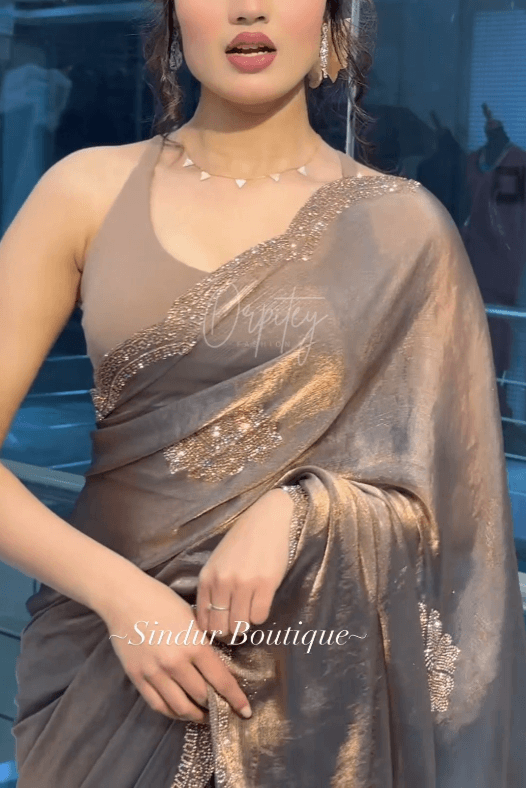 Premium Indian Stone Work Party Saree (Antique Gold)