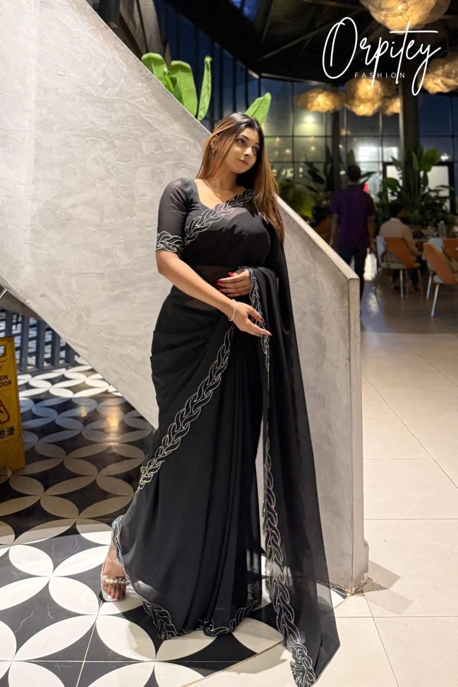 Premium Classical Stone Work Party Saree (Black)