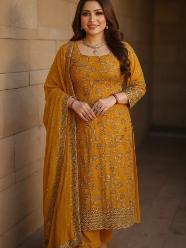 Premium 4-Piece Star Georgette Stone Dress – Yellow Color