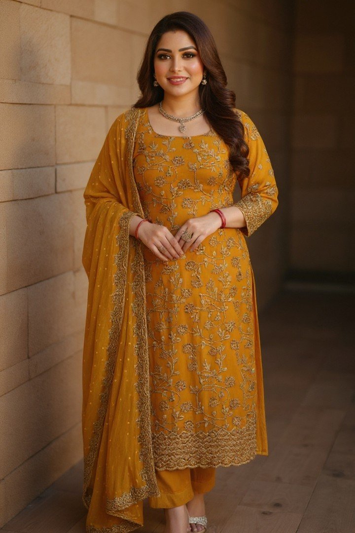 Premium 4-Piece Star Georgette Stone Dress – Yellow Color