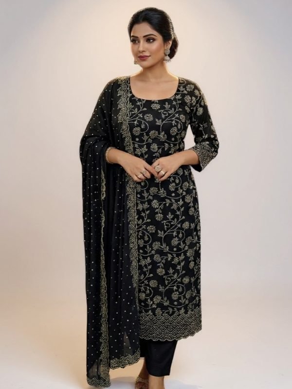 Premium 4-Piece Star Georgette Stone Dress – Black Color