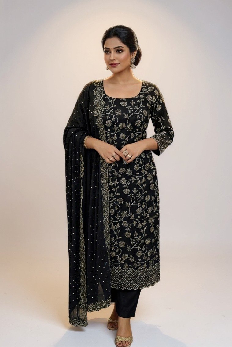 Premium 4-Piece Star Georgette Stone Dress – Black Color